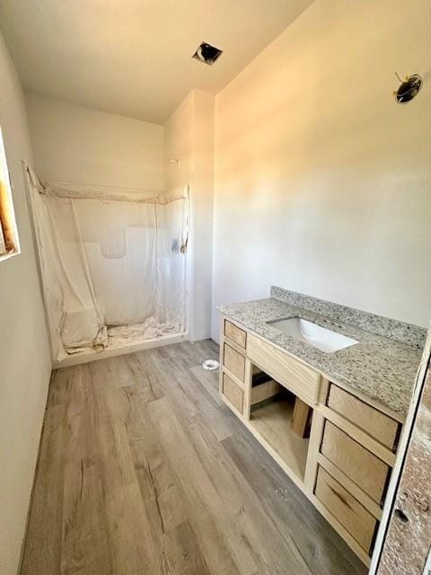 bathroom with vanity, walk in shower, and wood finished floors