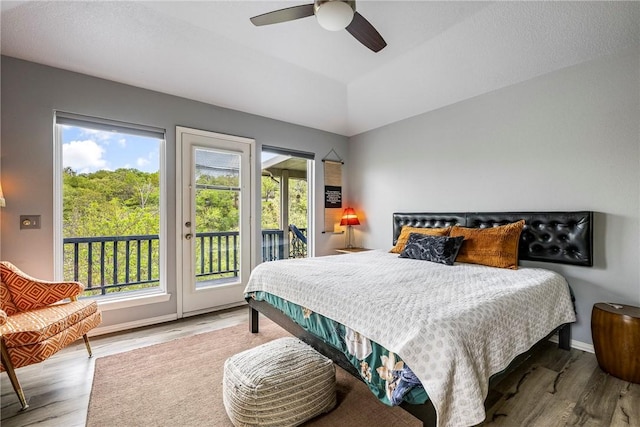 bedroom with multiple windows, wood finished floors, and access to exterior