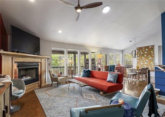 57 Dunsford Dr, Bella Vista, AR 72715 - living room featuring a warm lit fireplace, vaulted ceiling, ceiling fan, plenty of natural light, and recessed lighting