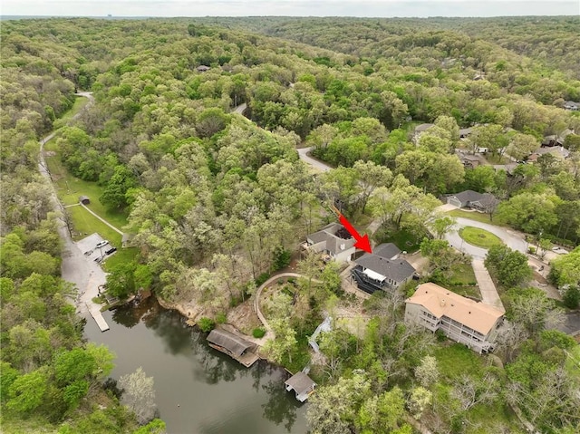 bird's eye view with a water view and a wooded view