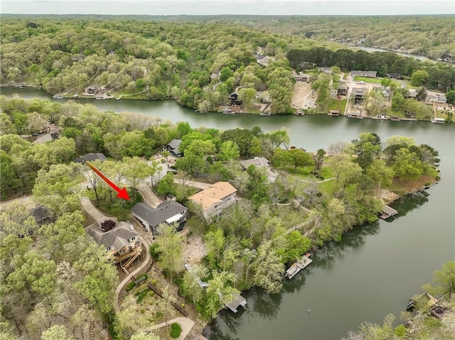 birds eye view of property with a water view and a forest view
