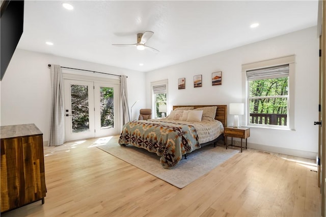 13248 N Old Wire Rd, Rogers, AR 72756 - bedroom with access to outside, multiple windows, light wood-style flooring, recessed lighting, and a ceiling fan