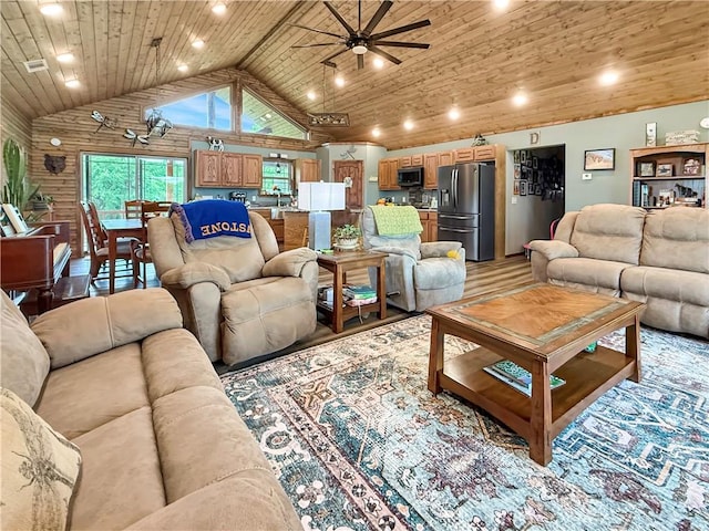 living area with light wood-style floors, a ceiling fan, recessed lighting, wooden ceiling, and lofted ceiling
