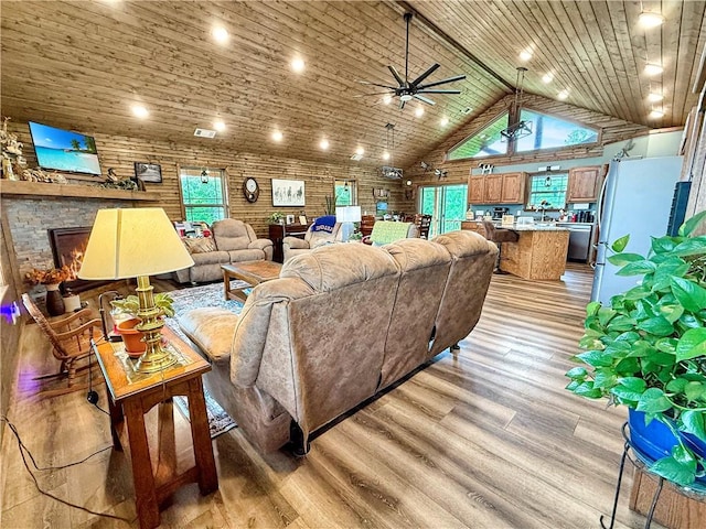 living area with wood ceiling, ceiling fan, light wood finished floors, and high vaulted ceiling