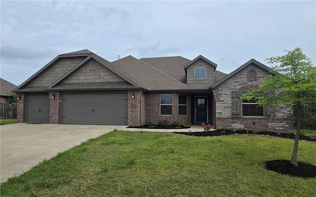 view of front of property with a shingled roof, an attached garage, brick siding, a front yard, and concrete driveway