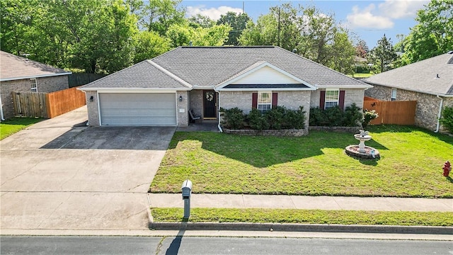 ranch-style home with a garage, a front lawn, fence, and driveway