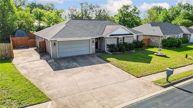 single story home featuring fence, an attached garage, a front lawn, brick siding, and concrete driveway