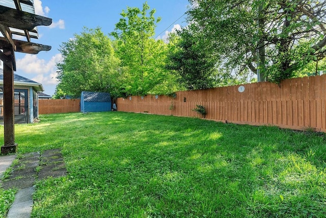 view of yard with a storage shed, an outbuilding, and a fenced backyard