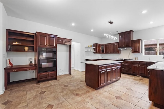 kitchen with dobule oven black, open shelves, light countertops, cooktop, and recessed lighting