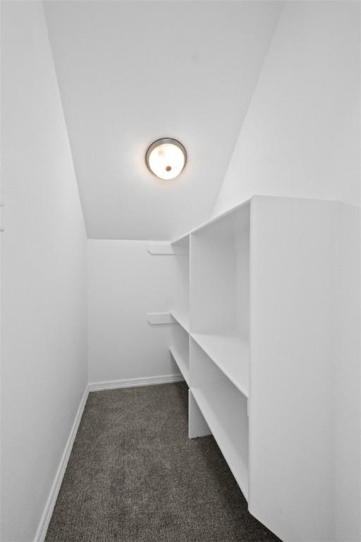 walk in closet with dark colored carpet and lofted ceiling