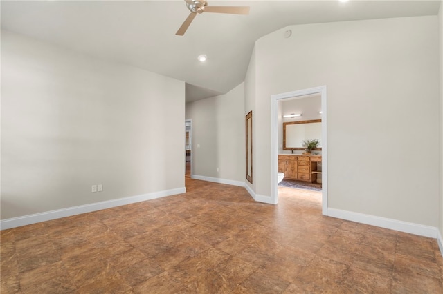 empty room with recessed lighting, ceiling fan, baseboards, and high vaulted ceiling