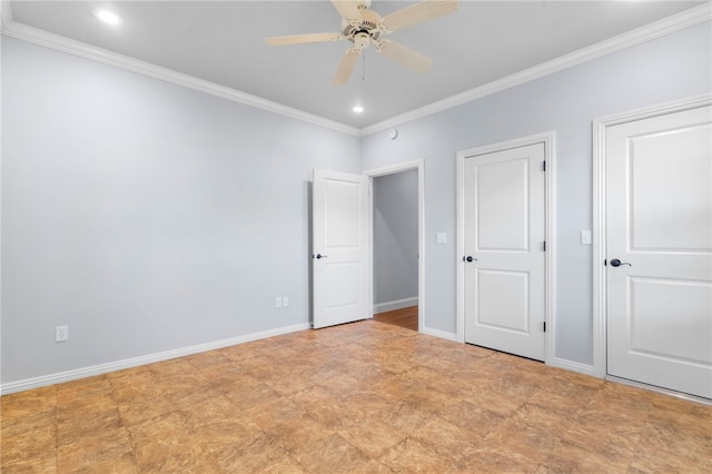 unfurnished bedroom with crown molding, recessed lighting, baseboards, and ceiling fan