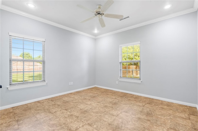 empty room with crown molding, ceiling fan, recessed lighting, and visible vents