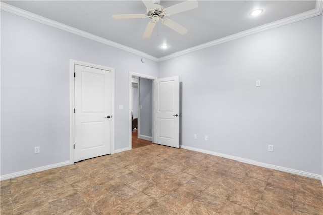 unfurnished bedroom with recessed lighting, baseboards, and ornamental molding
