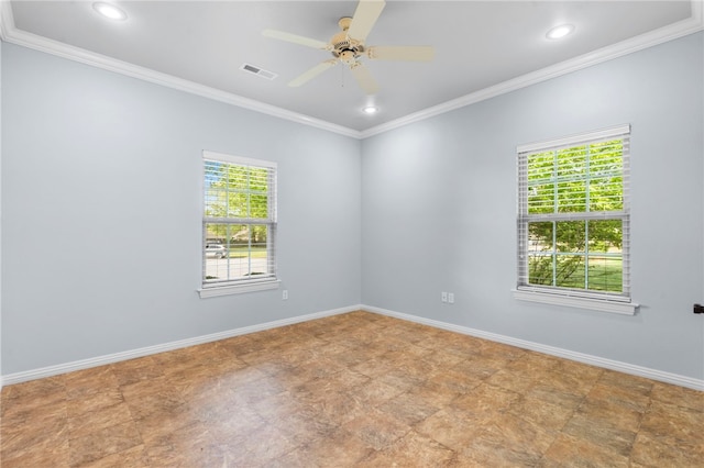 unfurnished room with recessed lighting, a ceiling fan, visible vents, and ornamental molding