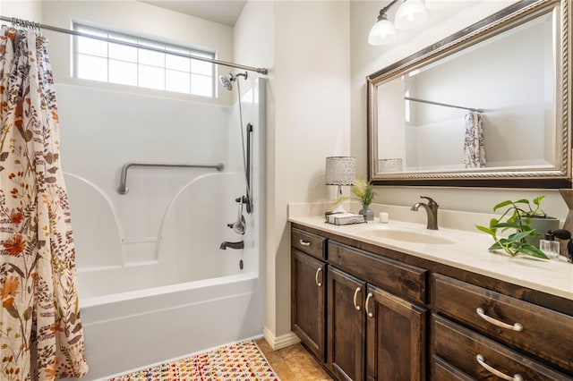 bathroom featuring shower / bath combination with curtain and vanity