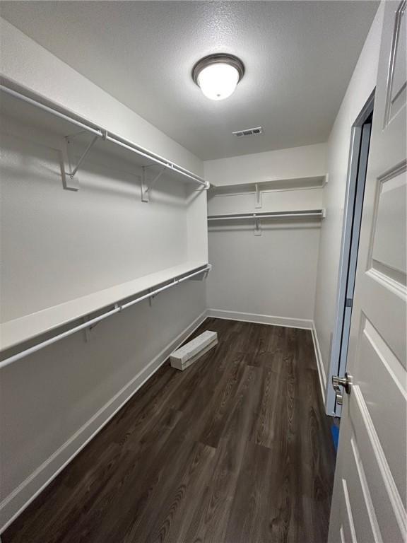 walk in closet with visible vents and wood finished floors