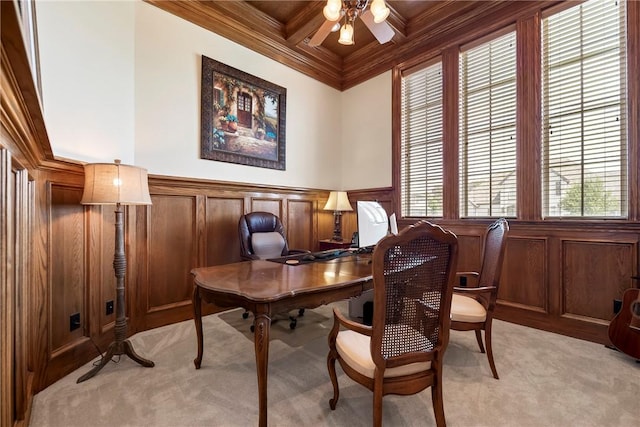 office with coffered ceiling, ceiling fan, a healthy amount of sunlight, and light carpet