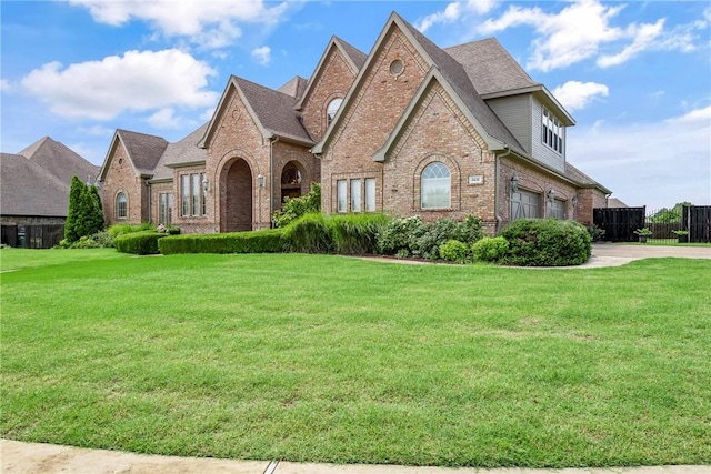 view of front of property with fence, a front yard, brick siding, an attached garage, and driveway