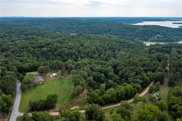 drone / aerial view with a water view and a view of trees