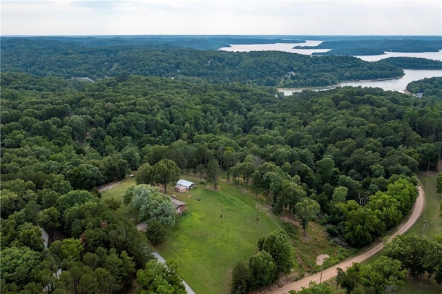 aerial view with a water view and a view of trees