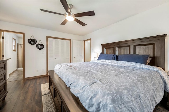 bedroom with baseboards, a ceiling fan, a closet, and dark wood-type flooring