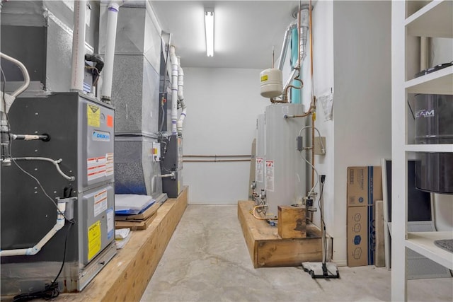 utility room featuring heating unit and water heater