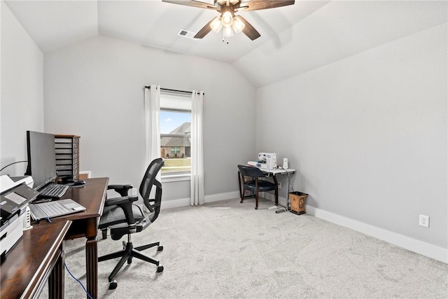 office area featuring baseboards, a ceiling fan, carpet flooring, and lofted ceiling