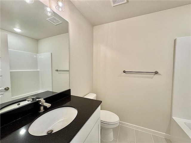 full bathroom featuring toilet, tile patterned floors, visible vents, and vanity