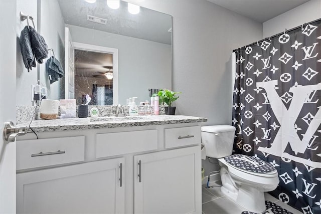 full bath featuring vanity, toilet, tile patterned floors, a shower with shower curtain, and visible vents