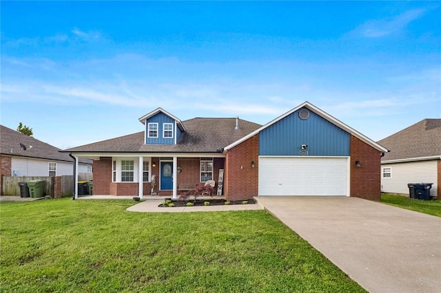 view of front facade featuring brick siding, an attached garage, and a porch