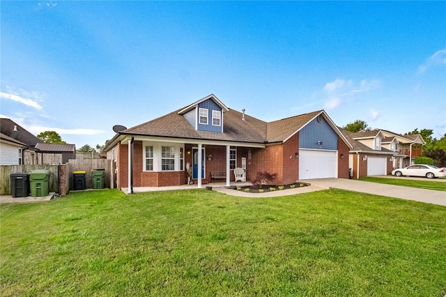 view of front of house with concrete driveway, brick siding, fence, and a front lawn