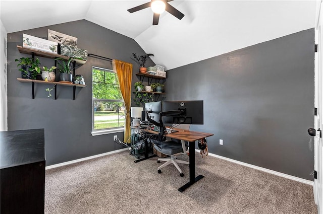 carpeted office with baseboards, ceiling fan, and lofted ceiling