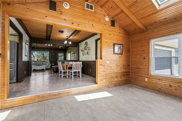 unfurnished dining area featuring visible vents, wood walls, wood finished floors, lofted ceiling with skylight, and wood ceiling