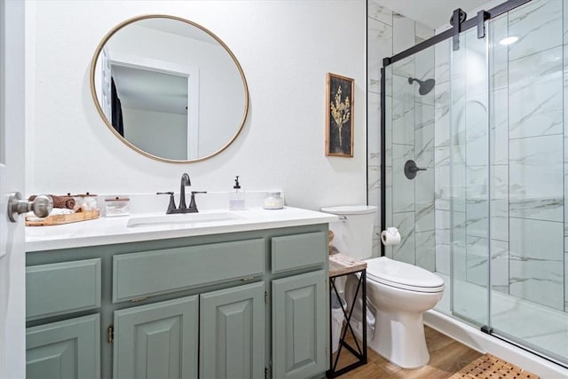 bathroom featuring toilet, a shower stall, wood finished floors, and vanity
