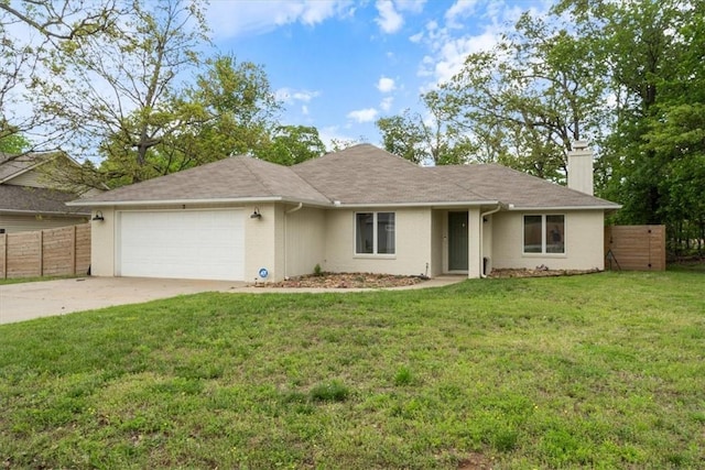 ranch-style house featuring an attached garage, fence, a chimney, and driveway