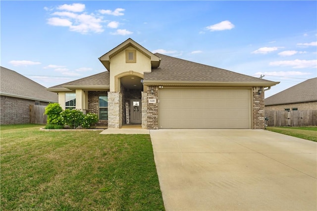 view of front of house featuring a garage, fence, driveway, and a front lawn