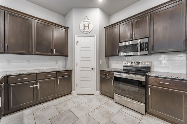 kitchen featuring appliances with stainless steel finishes, dark brown cabinetry, and backsplash