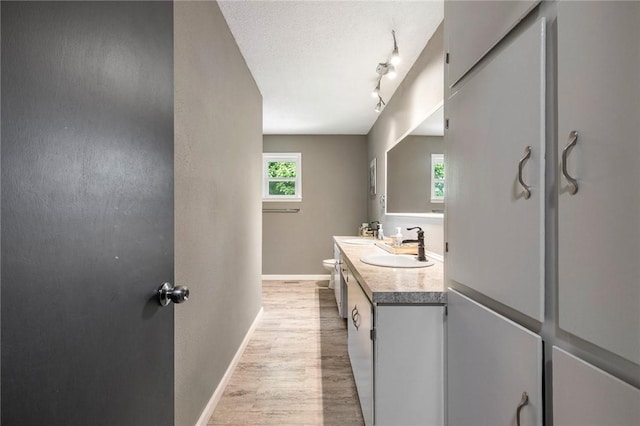 bathroom featuring vanity, track lighting, wood finished floors, toilet, and baseboards