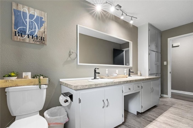 full bath featuring toilet, rail lighting, a sink, and wood finished floors