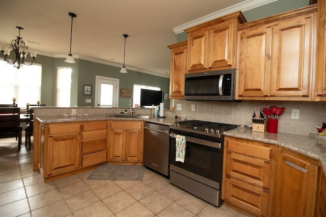 203 W Hayden Blvd, Rogers, AR 72756 - kitchen with appliances with stainless steel finishes, a sink, crown molding, light tile patterned flooring, and tasteful backsplash