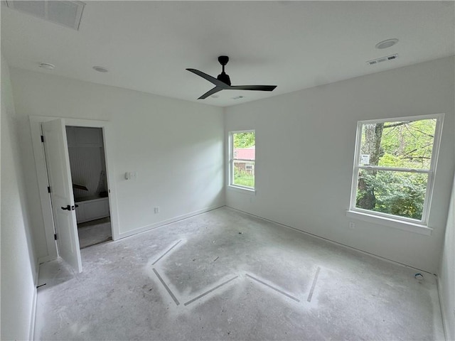 unfurnished bedroom featuring a ceiling fan, baseboards, and visible vents