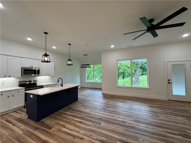 13537 Little Elm Rd, Farmington, AR 72730 - kitchen featuring appliances with stainless steel finishes, open floor plan, dark wood-type flooring, light countertops, and a ceiling fan