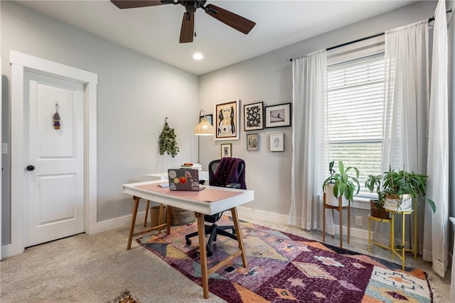 home office featuring recessed lighting, ceiling fan, and baseboards