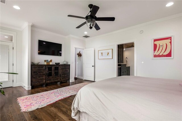 bedroom featuring recessed lighting, visible vents, ornamental molding, and wood finished floors