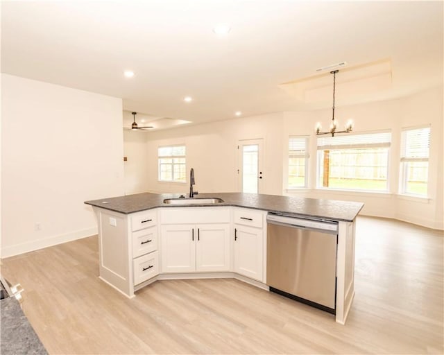212 Nebo St, Prairie Grove, AR 72753 - kitchen featuring dishwasher, light wood finished floors, a sink, a kitchen island with sink, and white cabinets