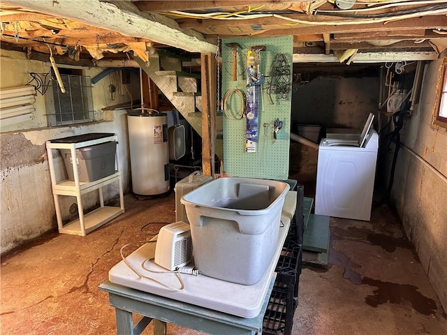 unfinished below grade area featuring washer / clothes dryer and water heater
