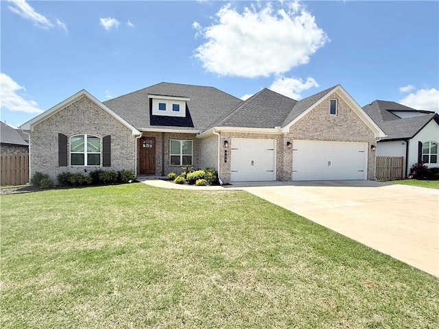 view of front of house with a garage, a front lawn, fence, brick siding, and driveway