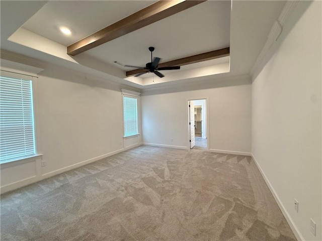 unfurnished room with light colored carpet, ceiling fan, and beamed ceiling