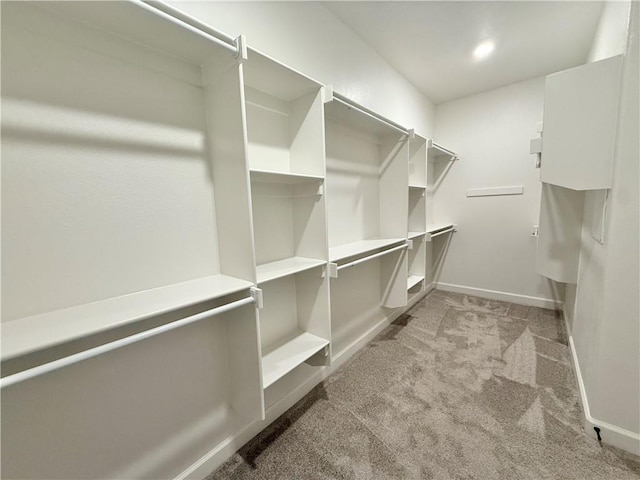 walk in closet with light carpet